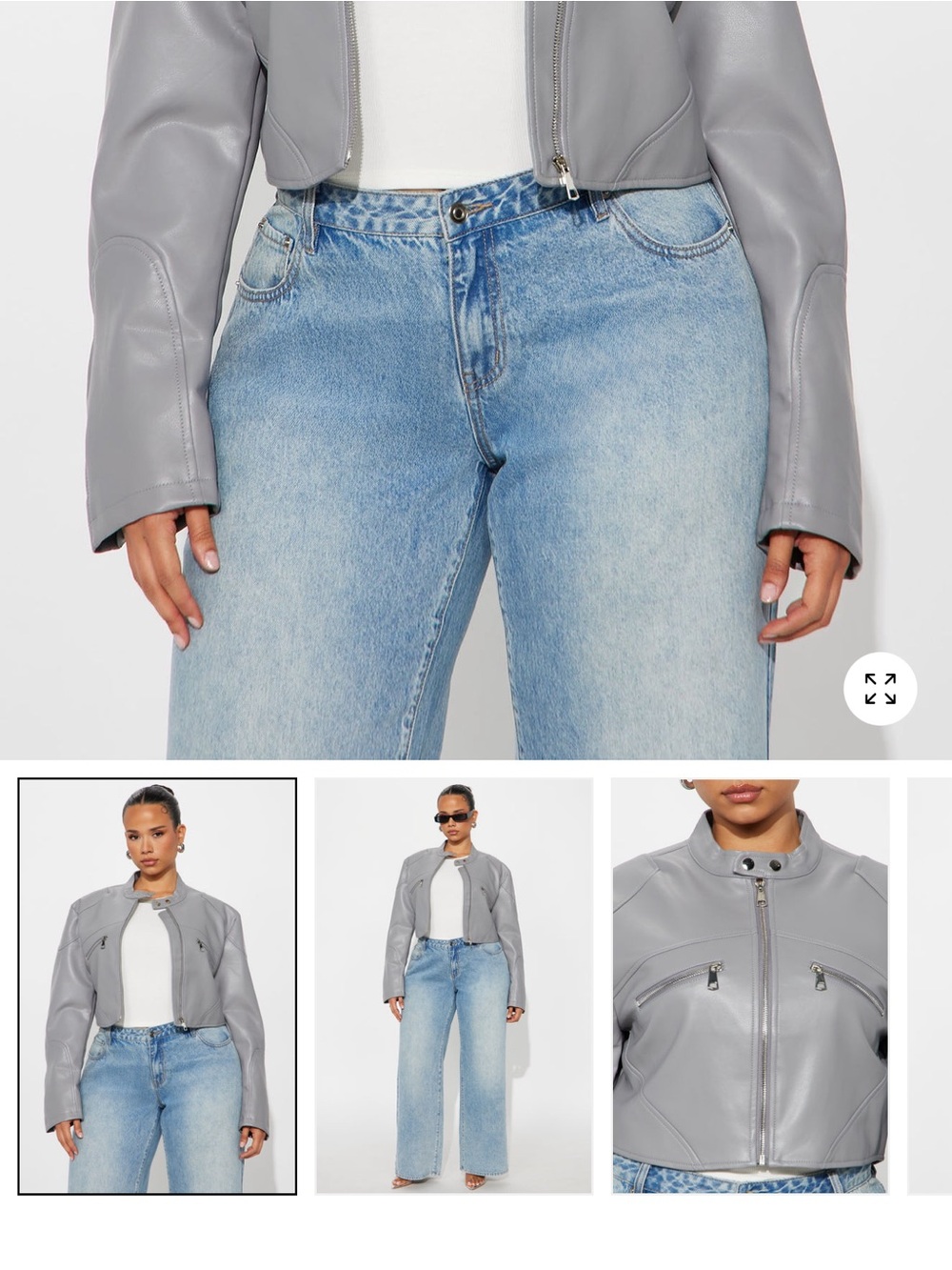 Cropped Grey Faux Leather Moto Jacket